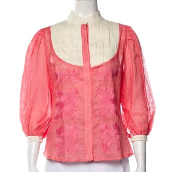 March 11 Linen Snap Closure Pink Embroidered Tunic Top Mock Neck Sz S (V3 - Picture 1 of 8